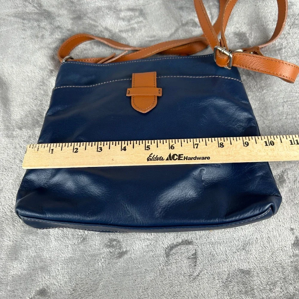 Borboletta Navy Blue Leather Crossbody Bag Tan Trim Adjustable Strap